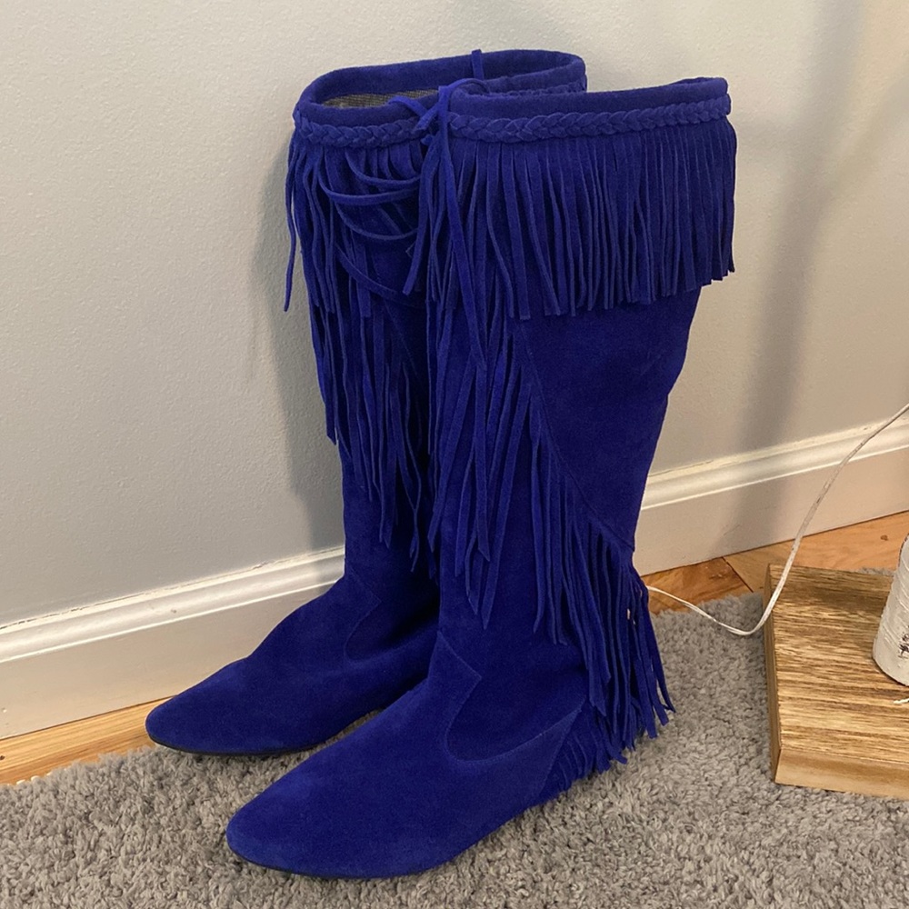 Royal blue fringe knee high boots